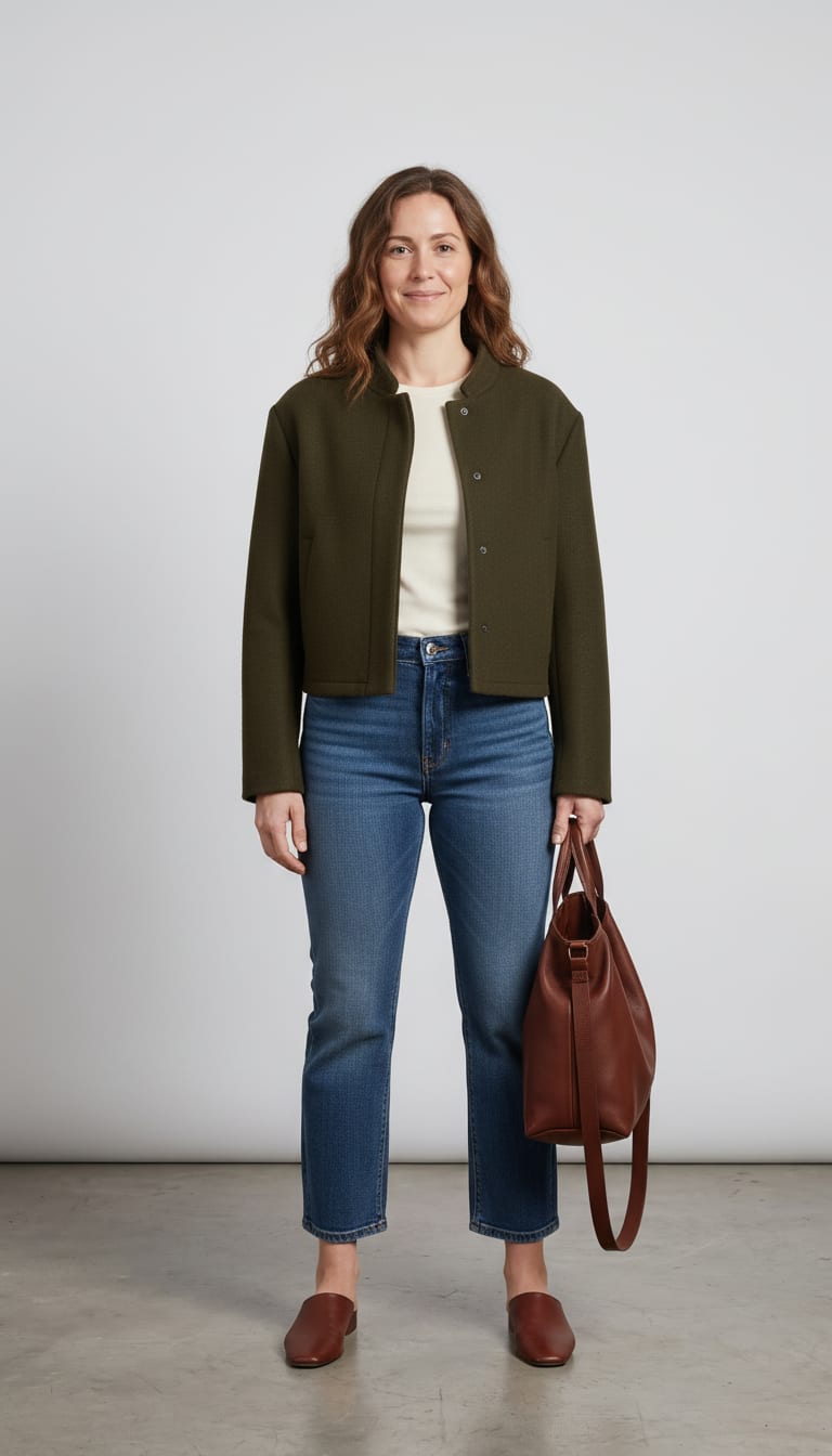 A woman wearing a mid-weight rigid denim barrel jeans in a medium vintage wash, cropped funnel-neck jacket in deep olive green wool blend, fine-ribbed long-sleeve crewneck top in soft cream modal jersey and slip-on pointed-toe mules in rich chocolate brown leather — a barrel jeans outfit.