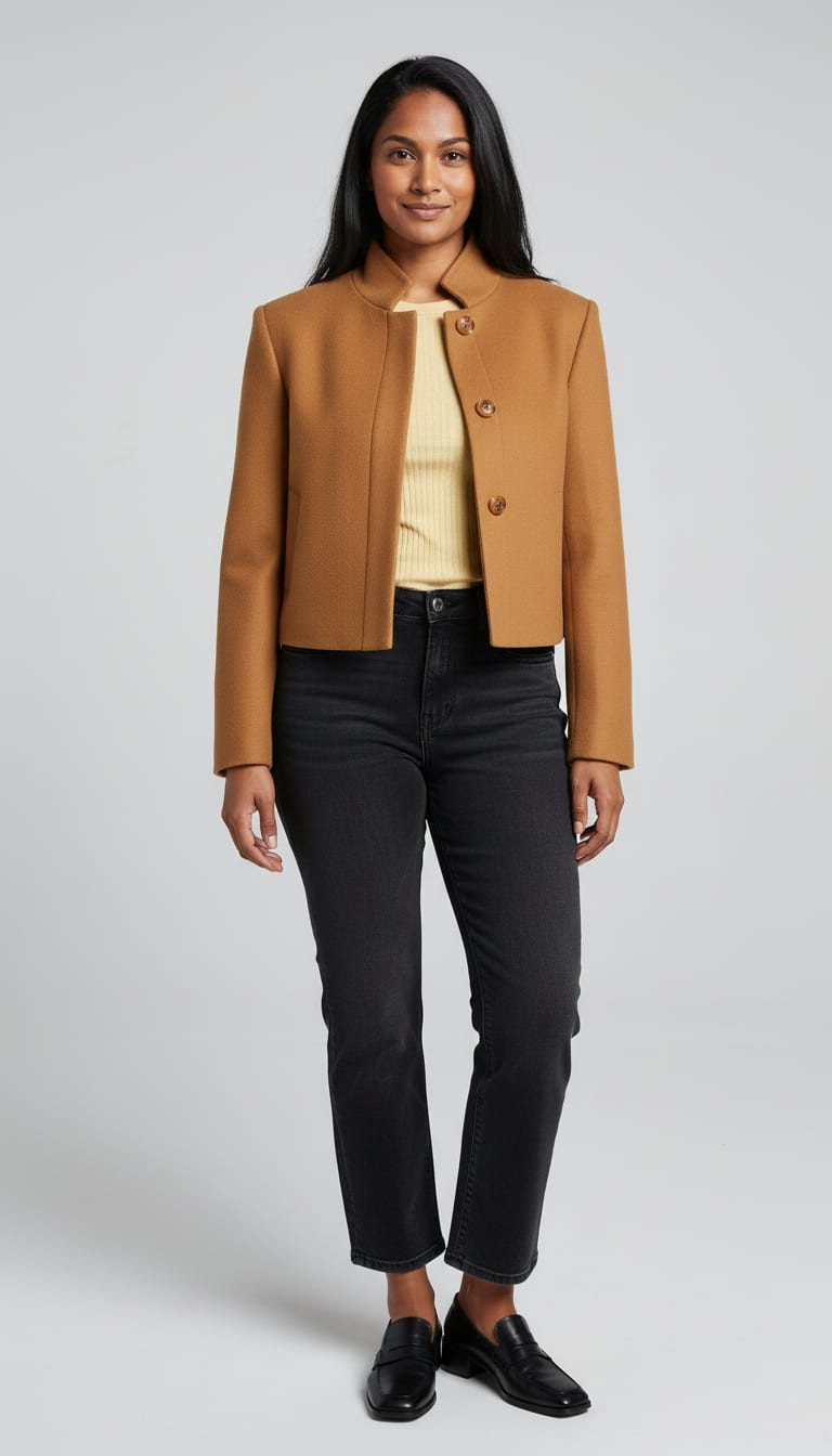 A woman wearing a cropped double-faced wool jacket in rich camel, soft lightweight ribbed crewneck t-shirt in pale butter yellow, washed black denim barrel jeans and polished black leather penny loafers — a barrel jeans outfit.