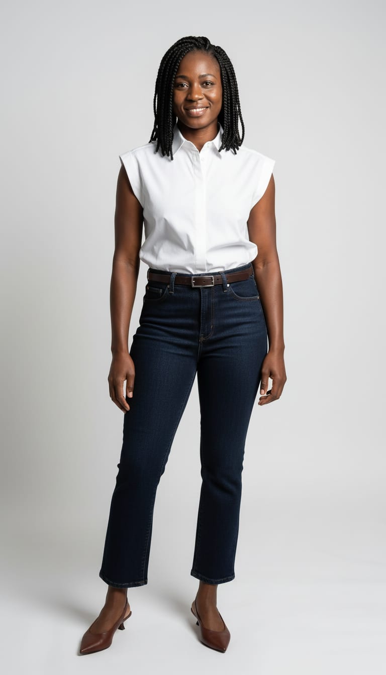 A woman wearing a crisp white cotton poplin button-down shirt, high-rise dark raw indigo barrel jeans crafted from rigid denim, espresso brown smooth leather slingback pumps and slim dark brown leather waist belt — a barrel jeans outfit.