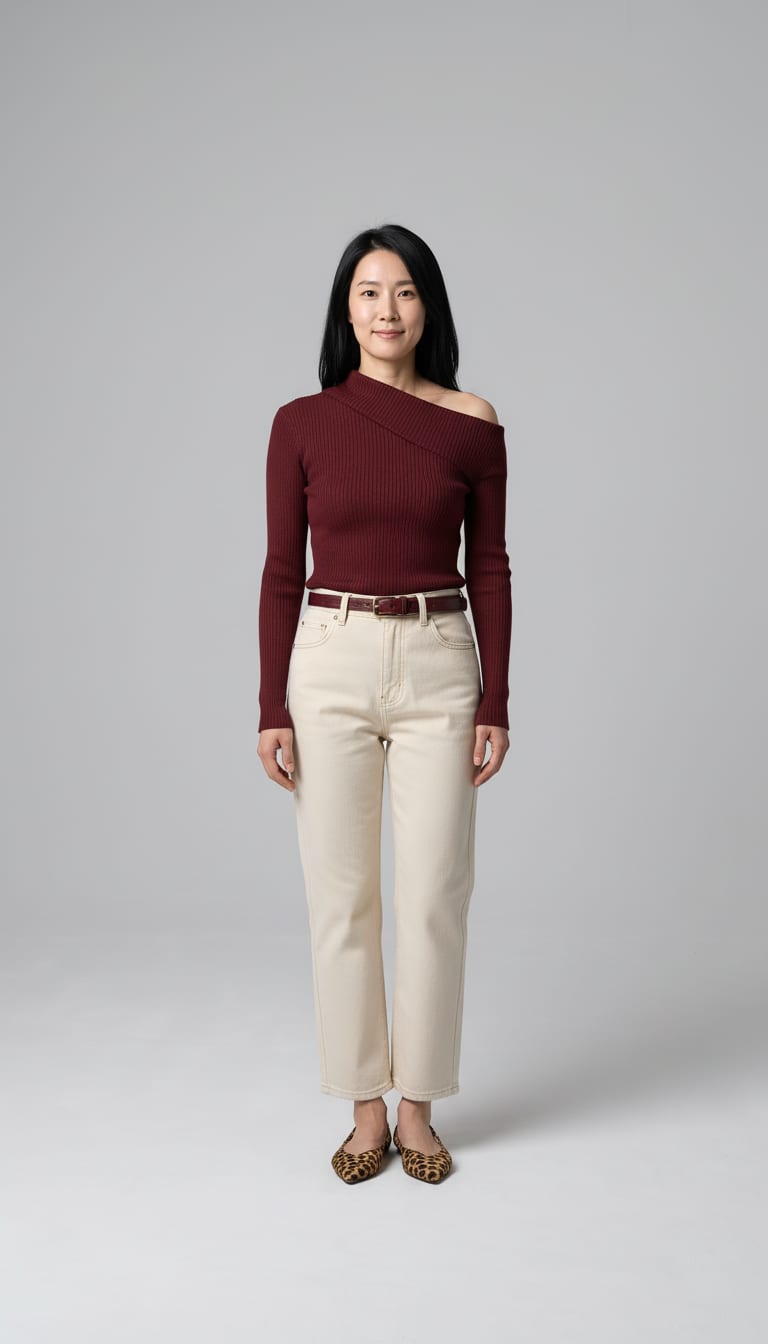 A woman wearing a deep burgundy fine-gauge rib knit top designed, ecru natural off-white cotton denim barrel jeans, pointed-toe slingback flats crafted from tactile calf-hair printed and slim burgundy croc-embossed leather belt finished — a barrel jeans outfit.