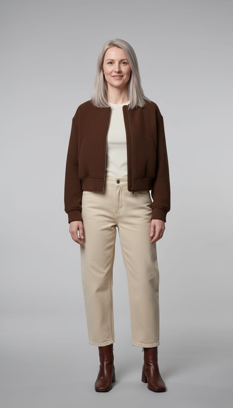 A woman wearing a cropped bomber jacket in textured chocolate-brown bouclé wool, fitted short-sleeve crewneck t-shirt in bone-white ribbed cotton jersey, ankle-length barrel jeans in ecru heavyweight cotton twill and sleek square-toe ankle boots in polished espresso-brown leather — a barrel jeans outfit.