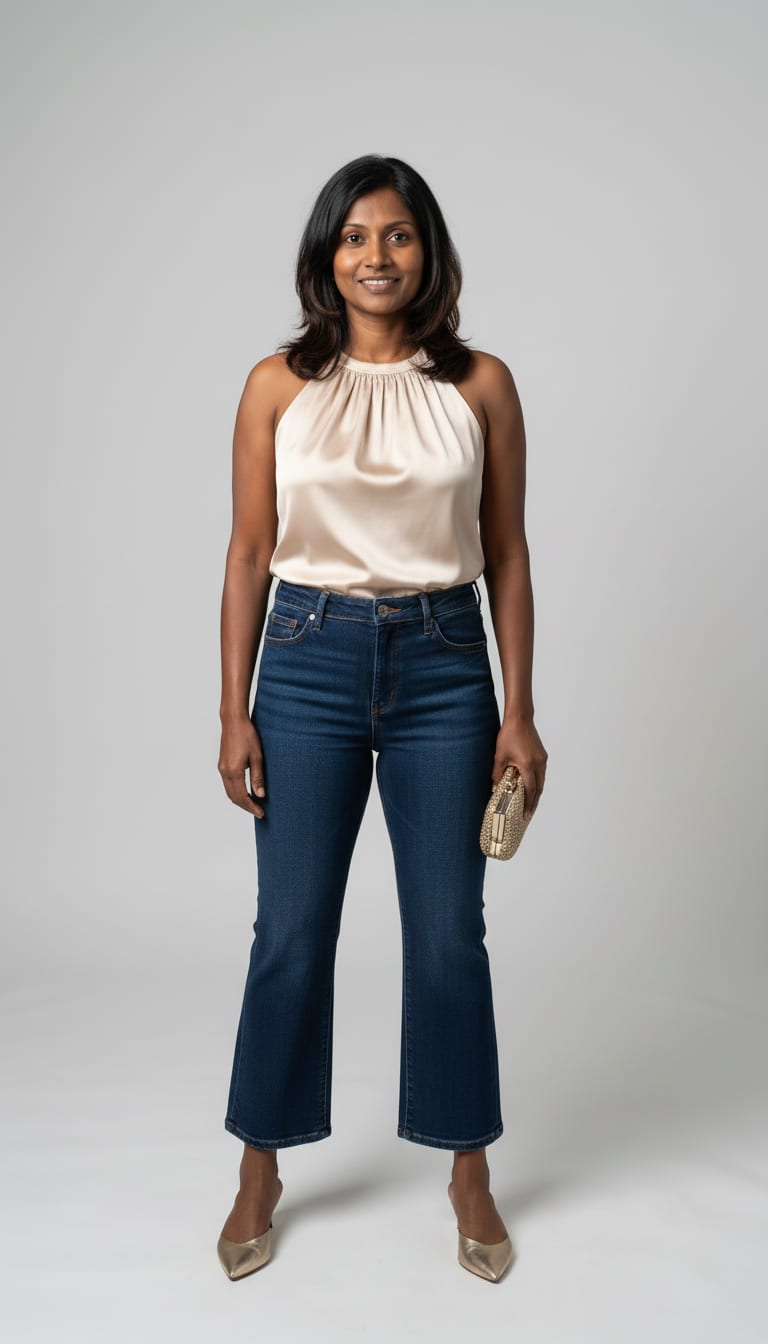 A woman wearing a fluid champagne satin halter-neck blouse, high-rise barrel jeans in deep indigo rigid denim, pointed-toe mule heels in brushed gold metallic faux leather and compact woven metallic evening clutch in antique gold — a barrel jeans outfit.