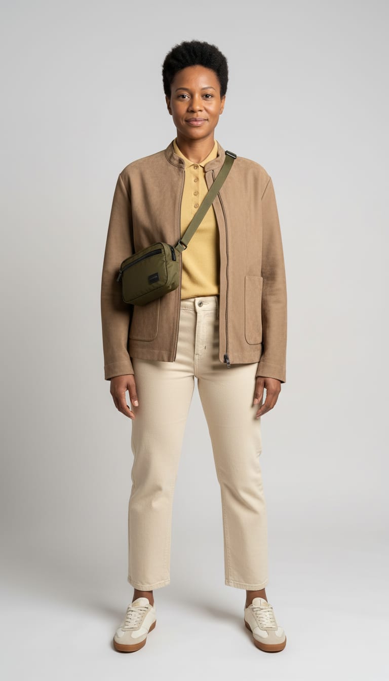 A woman wearing a high-rise curved barrel jeans in 12oz ecru rigid cotton denim, short-sleeve fine-gauge merino wool knit polo in soft butter yellow, boxy zip-front utility jacket cut from brushed taupe faux suede and low-profile retro sneakers in cream calf leather — a barrel jeans outfit.