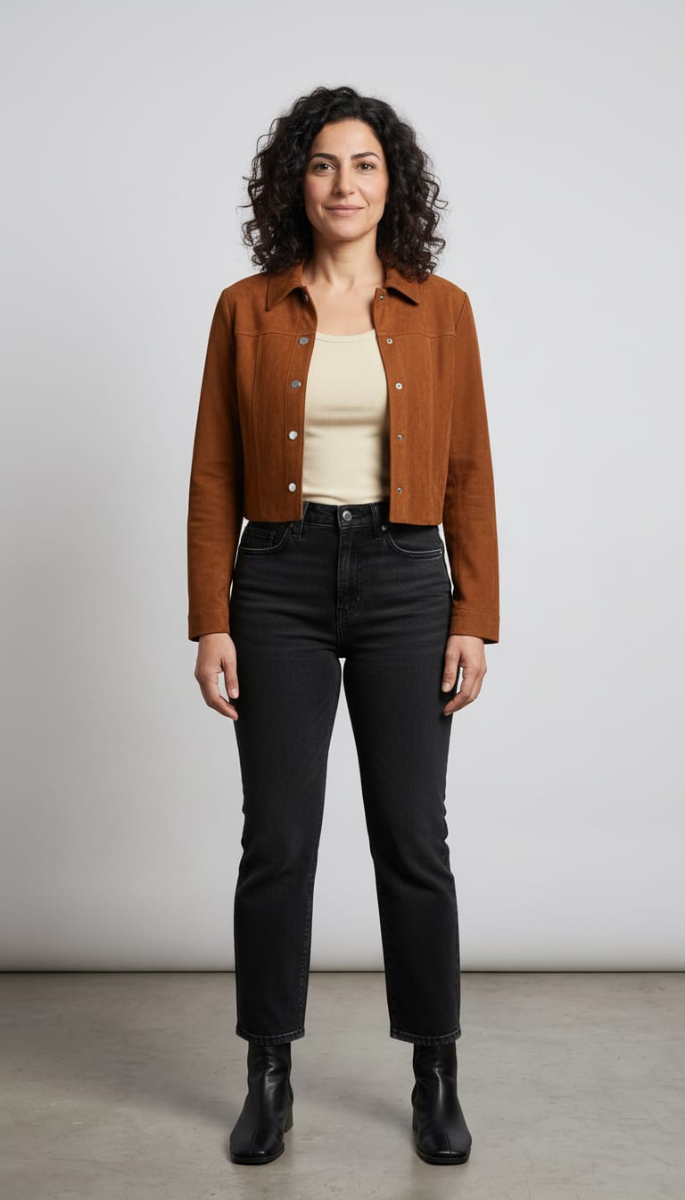 A woman wearing a washed black high-rise rigid denim barrel jeans, fitted warm cream ribbed cotton sleeveless tank top, cropped cognac brown faux-suede jacket and black smooth leather ankle boots — a barrel jeans outfit.