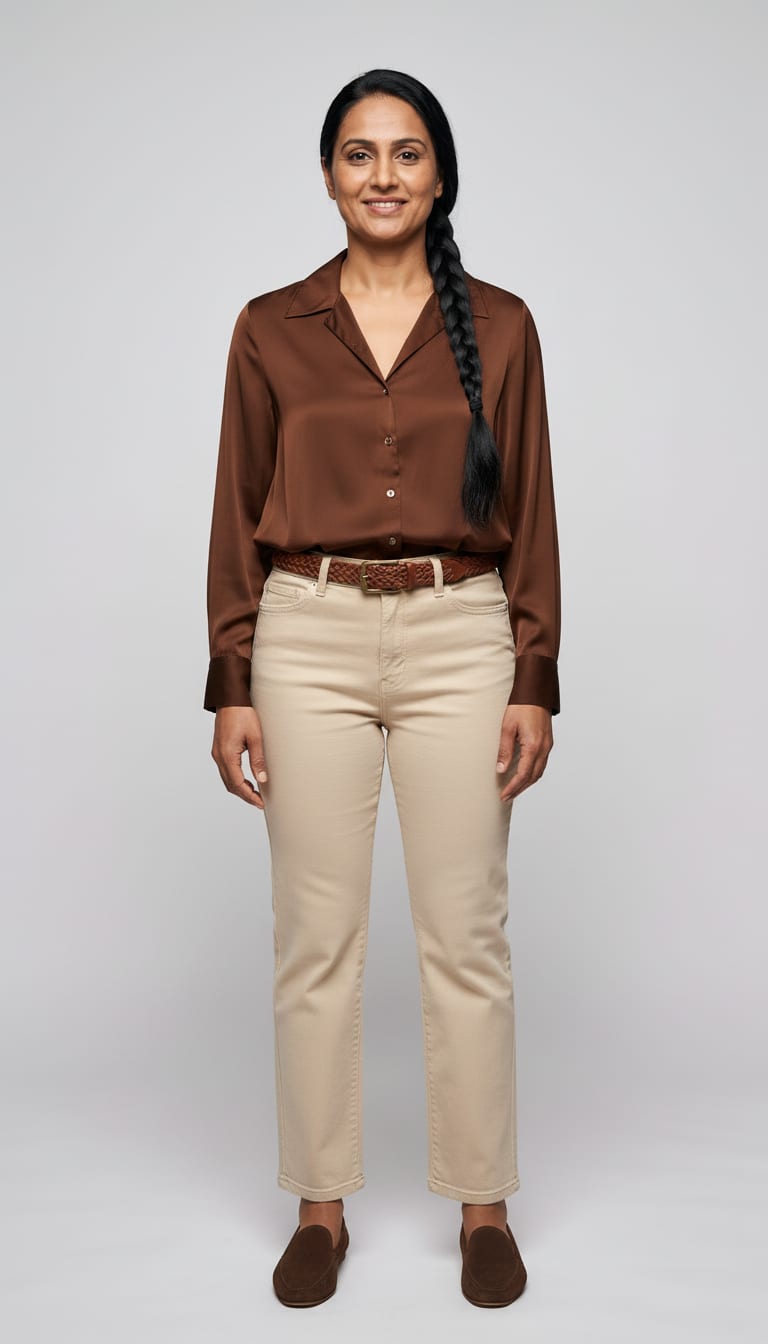 A woman wearing a rich chocolate brown hammered satin long-sleeve blouse, natural ecru rigid cotton barrel-leg jeans, espresso brown suede loafers and cognac-brown woven leather belt — a barrel jeans outfit.