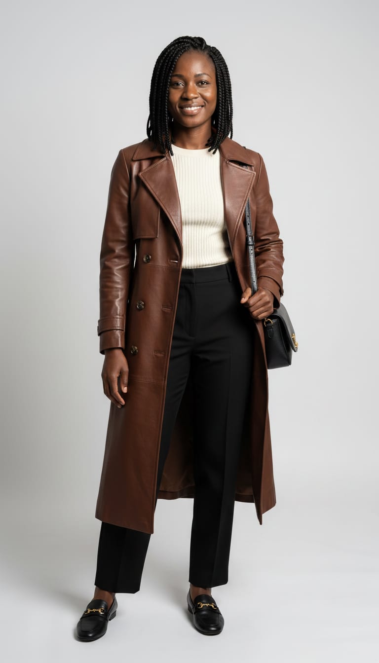 A model wearing a business casual outfit.