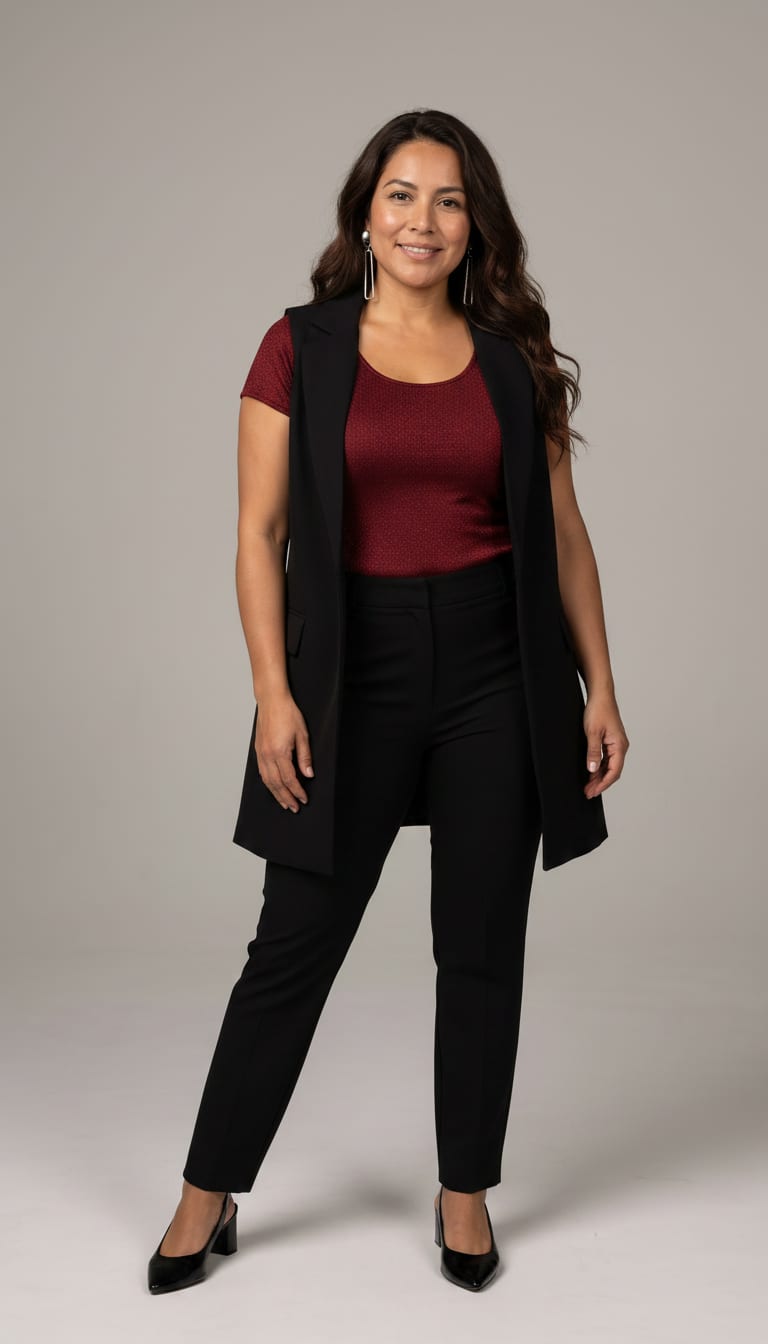 A woman wearing a deep ruby red metallic knit short-sleeve top, black tailored straight-leg trousers, black longline structured vest blazer and black patent leather closed-toe slingback heels — a business casual outfit.