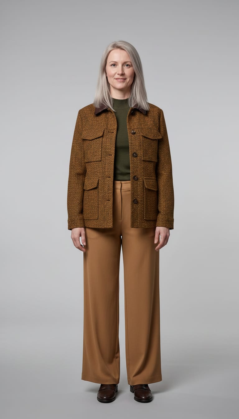 A woman wearing a camel fluid crepe wide-leg trousers, fitted fine-gauge knit mock neck top in deep olive green, structured tweed barn jacket and dark brown leather almond-toe loafers — a business casual outfit.