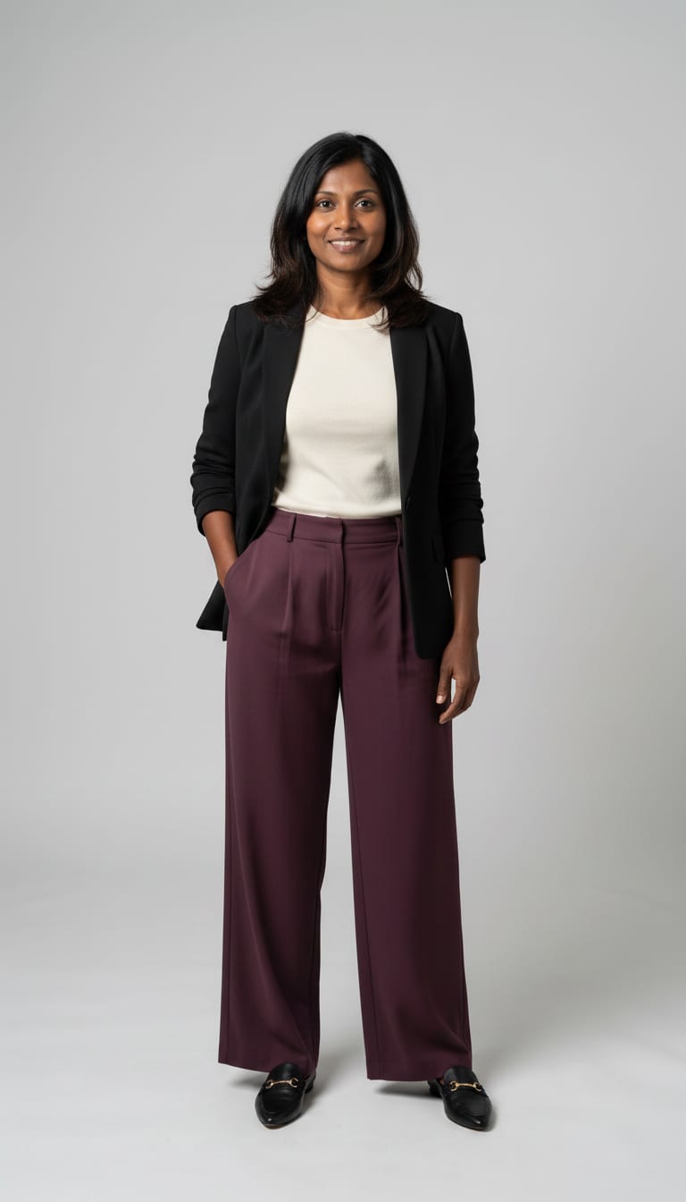 A woman wearing a high-waisted wide-leg pleated trousers in a deep plum crepe fabric, fitted crewneck fine-gauge knit top in a cream merino wool, short and pointed-toe loafers in black leather — a business casual outfit.