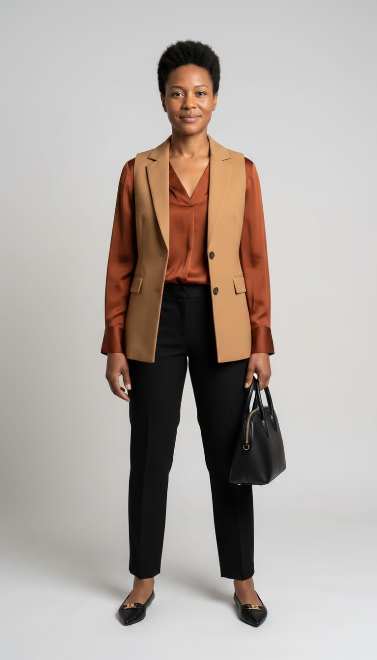 A woman wearing a silk-blend long-sleeve blouse in a deep rust or burnt orange, tailored straight-leg trousers in black ponte knit, tailored single-breasted vest in a camel wool blend and classic pointed-toe flats in black leather — a business casual outfit.