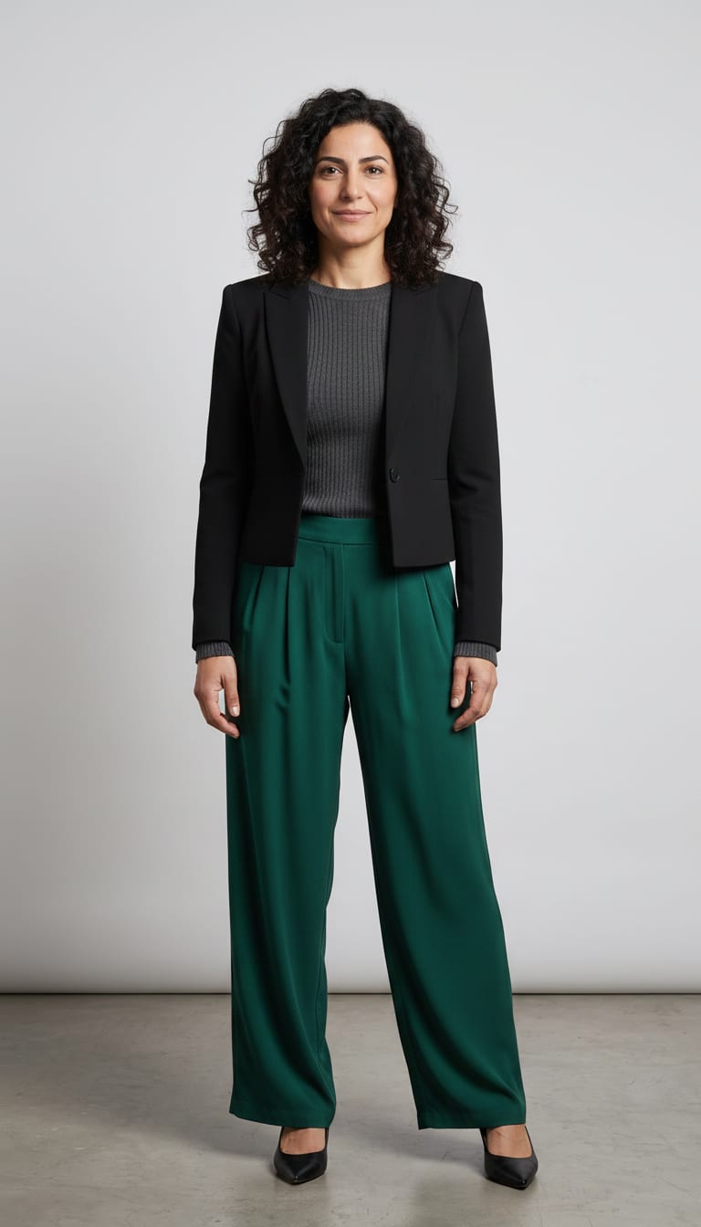 A woman wearing a high-waisted pleated wide-leg trousers in a flowing crepe fabric, fitted ribbed knit long-sleeve sweater, cropped single-breasted tailored blazer and black leather pointed-toe pumps — a business casual outfit.