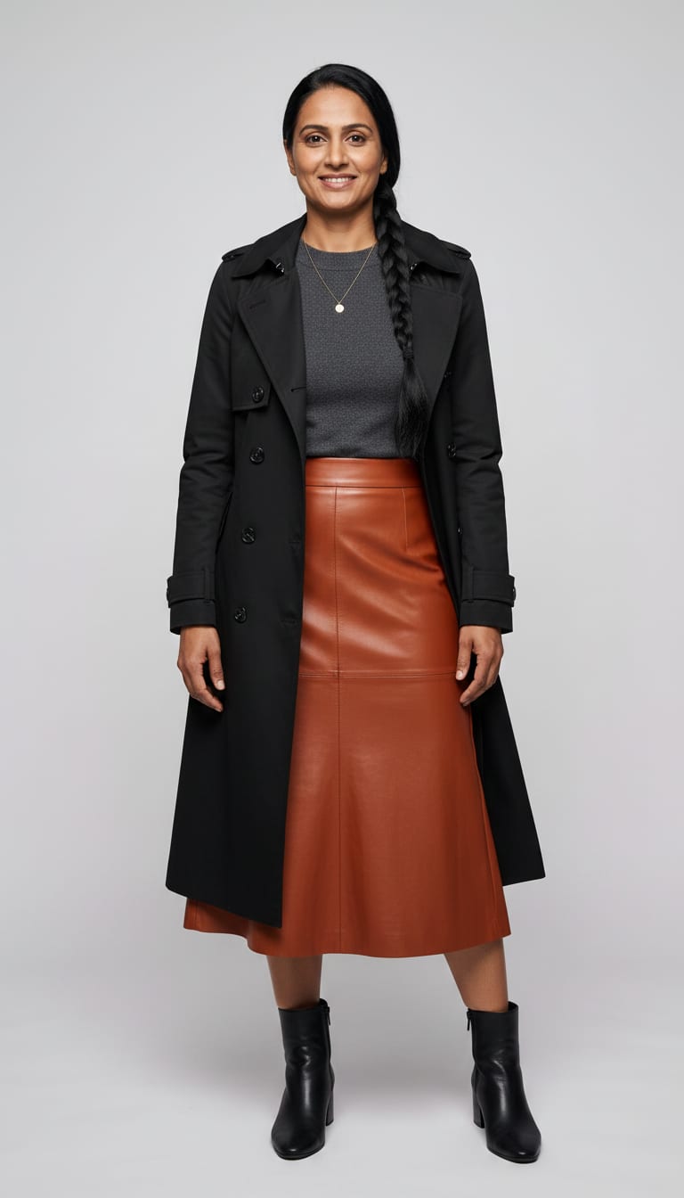 A woman wearing a fine-gauge merino wool crew-neck sweater in charcoal grey, high-waisted A-line midi skirt in rich burnt orange faux leather, classic double-breasted trench coat in black gabardine and black leather block-heel ankle boots — a business casual outfit.
