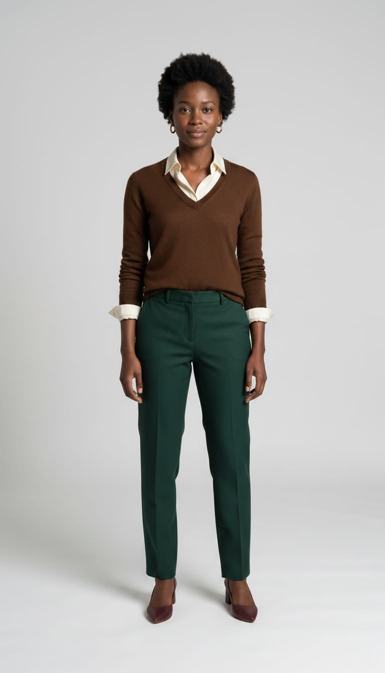 A woman wearing a classic button-down shirt in a cream silk-blend fabric, fine-gauge V-neck sweater in a rich chocolate brown merino wool blend, tailored straight-leg trousers in a deep forest green wool blend and burgundy leather block-heel pumps — a business casual outfit.