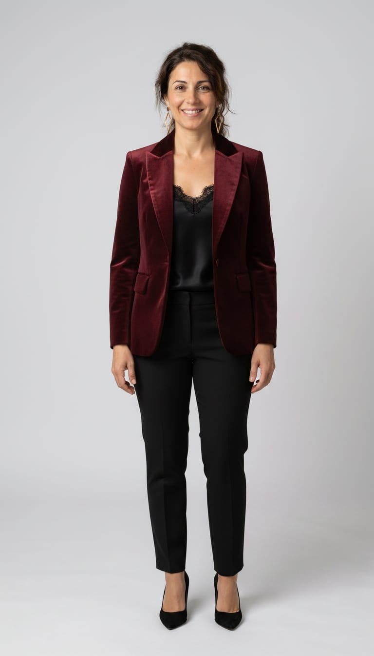 A woman wearing a deep burgundy velvet structured blazer, black silk camisole, black tailored straight-leg crepe trousers and black suede pointed-toe stiletto heels — a business casual outfit.