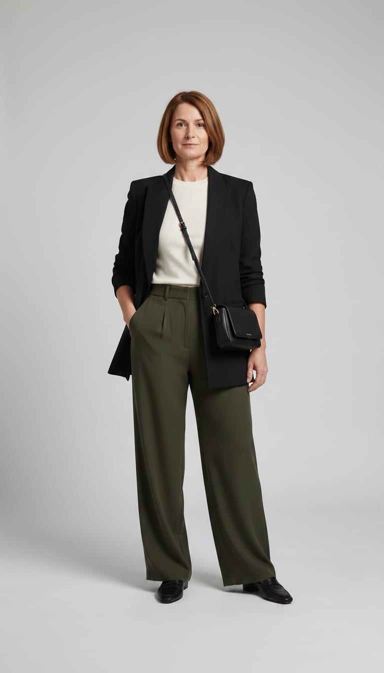 A woman wearing a high-waisted, fitted fine-gauge knit top in a creamy off-white, structured and black leather pointed-toe loafers — a business casual outfit.