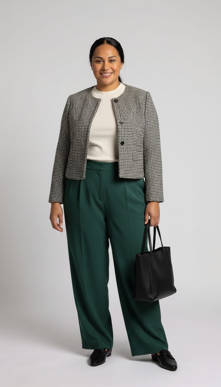 A woman wearing a high-waisted wide-leg tailored trousers in a deep forest green crepe, fitted fine-gauge knit top, a short and pointed-toe leather loafers in black — a business casual outfit.