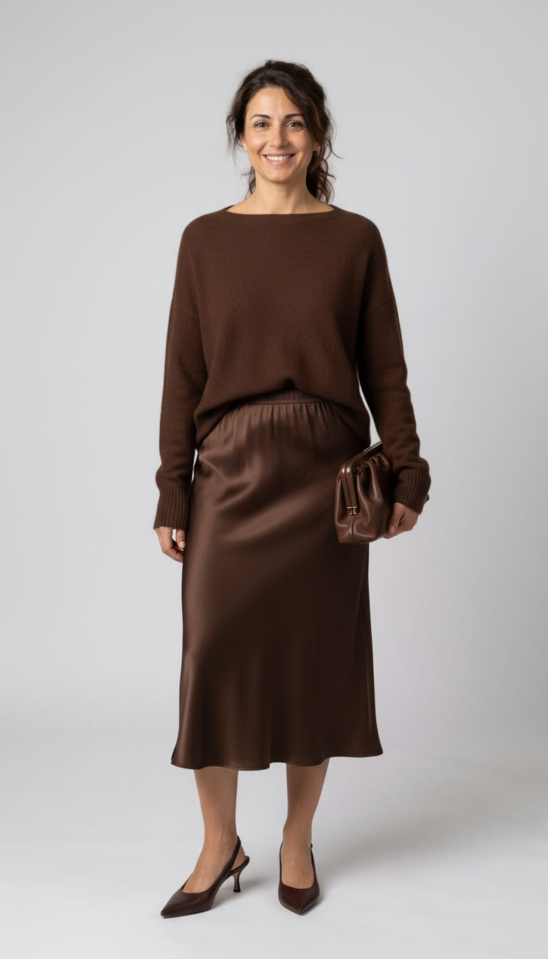 A model wearing a chocolate monochrome outfit.