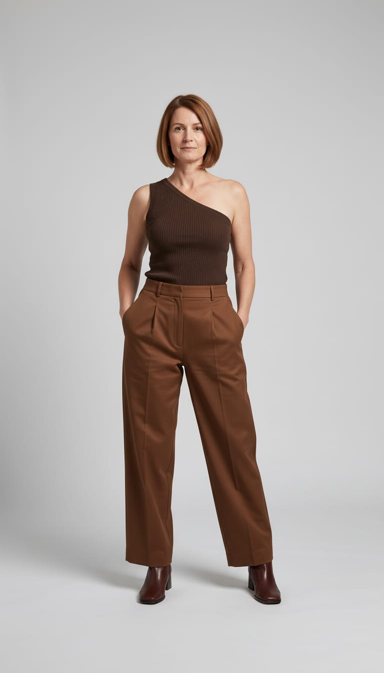 A woman wearing a high-waisted wide-leg trousers in fluid cocoa brown twill, fitted one-shoulder knit top in dark mocha ribbed modal-blend and squared-toe ankle boots in smooth chocolate brown calfskin leather — a chocolate monochrome outfit.