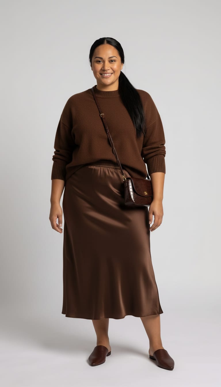 A woman wearing a relaxed-cut crewneck sweater in an espresso brown wool-cashmere blend, high-waisted bias-cut midi skirt in fluid chocolate brown satin, pointed-toe flat mules in smooth espresso brown leather and structured compact shoulder bag in dark chocolate croc-embossed leather — a chocolate monochrome outfit.