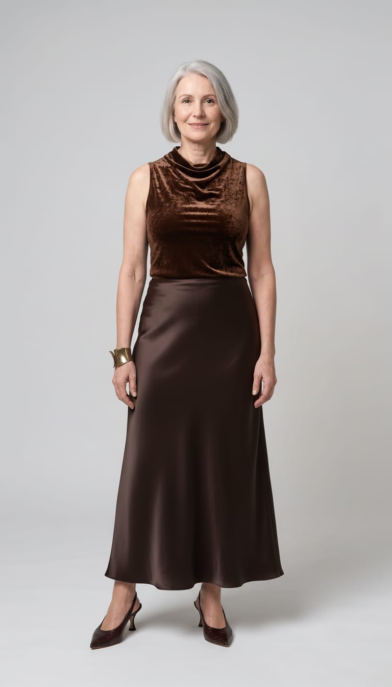 A woman wearing a chocolate brown sleeveless top in crushed velvet, high-waisted bias-cut maxi skirt in deep espresso satin, pointed-toe slingback pumps in dark chocolate croc-embossed leather and chunky sculptural open cuff bracelet in warm brushed brass — a chocolate monochrome outfit.