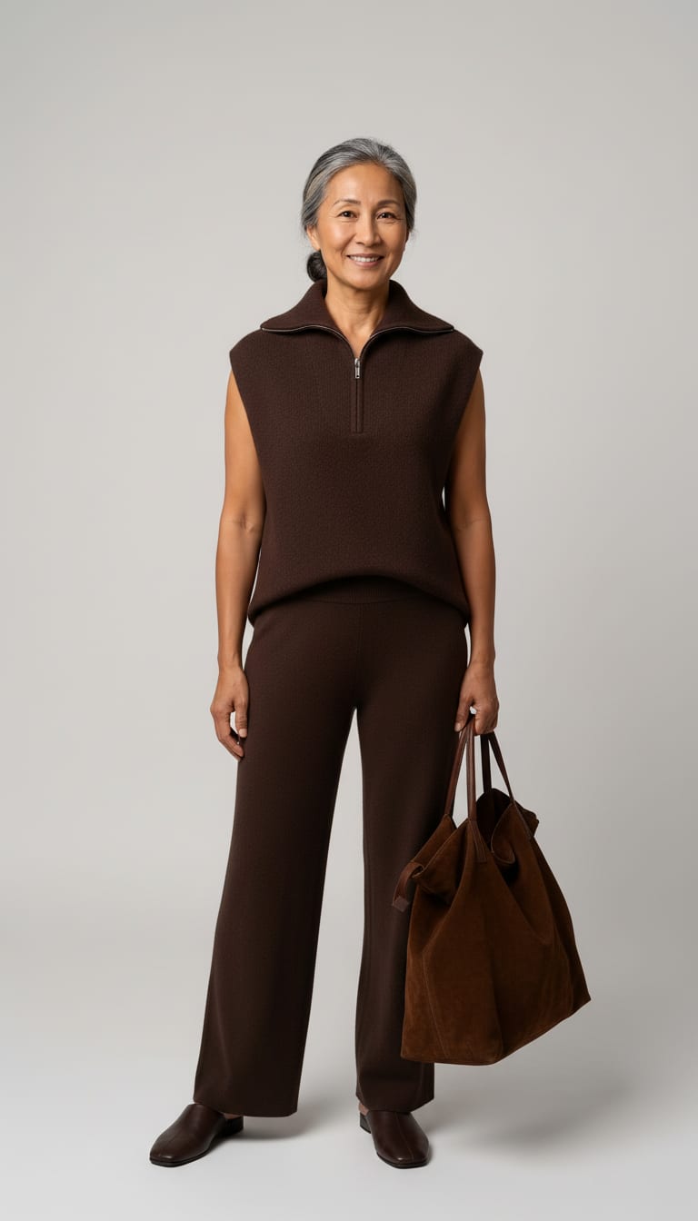 A woman wearing a relaxed half-zip knit sweater in deep espresso brown wool blend, matching dark chocolate brown wide-leg knit lounge trousers, minimalist square-toe slip-on mules in dark espresso polished leather and slouchy oversized weekender travel tote in rich chocolate brown suede — a chocolate monochrome outfit.