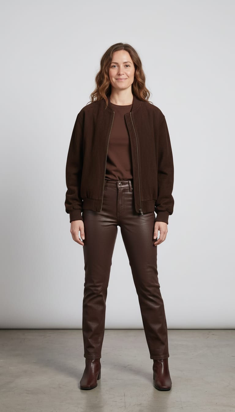 A woman wearing an oversized dark chocolate brown faux suede bomber jacket, semi-fitted crewneck t-shirt in rich chocolate brown supima cotton jersey, straight-leg chocolate brown coated denim jeans and dark brown leather ankle boots — a chocolate monochrome outfit.