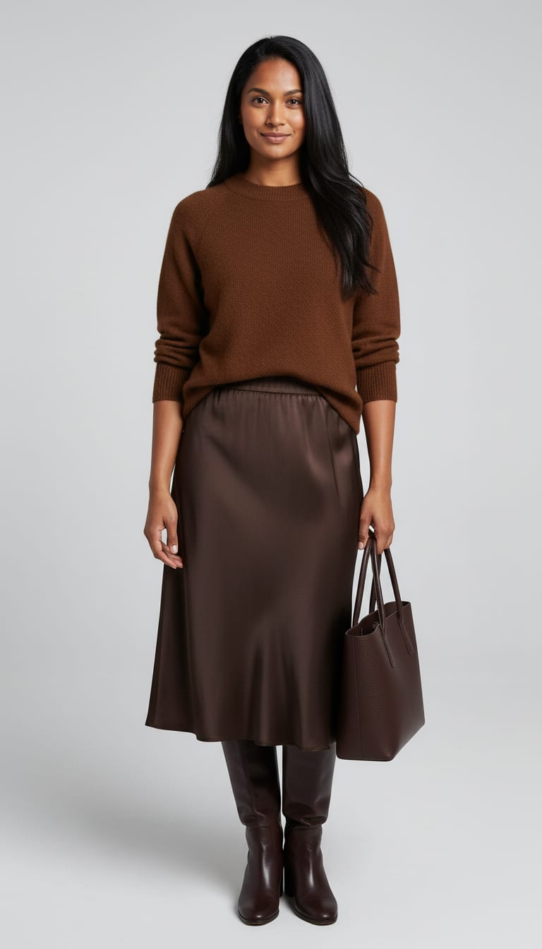 A woman wearing a relaxed crewneck sweater in bittersweet chocolate brown, bias-cut midi skirt in heavy dark chocolate satin, pull-on knee-high boots in polished dark chocolate leather and structured medium tote bag in dark chocolate textured leather — a chocolate monochrome outfit.