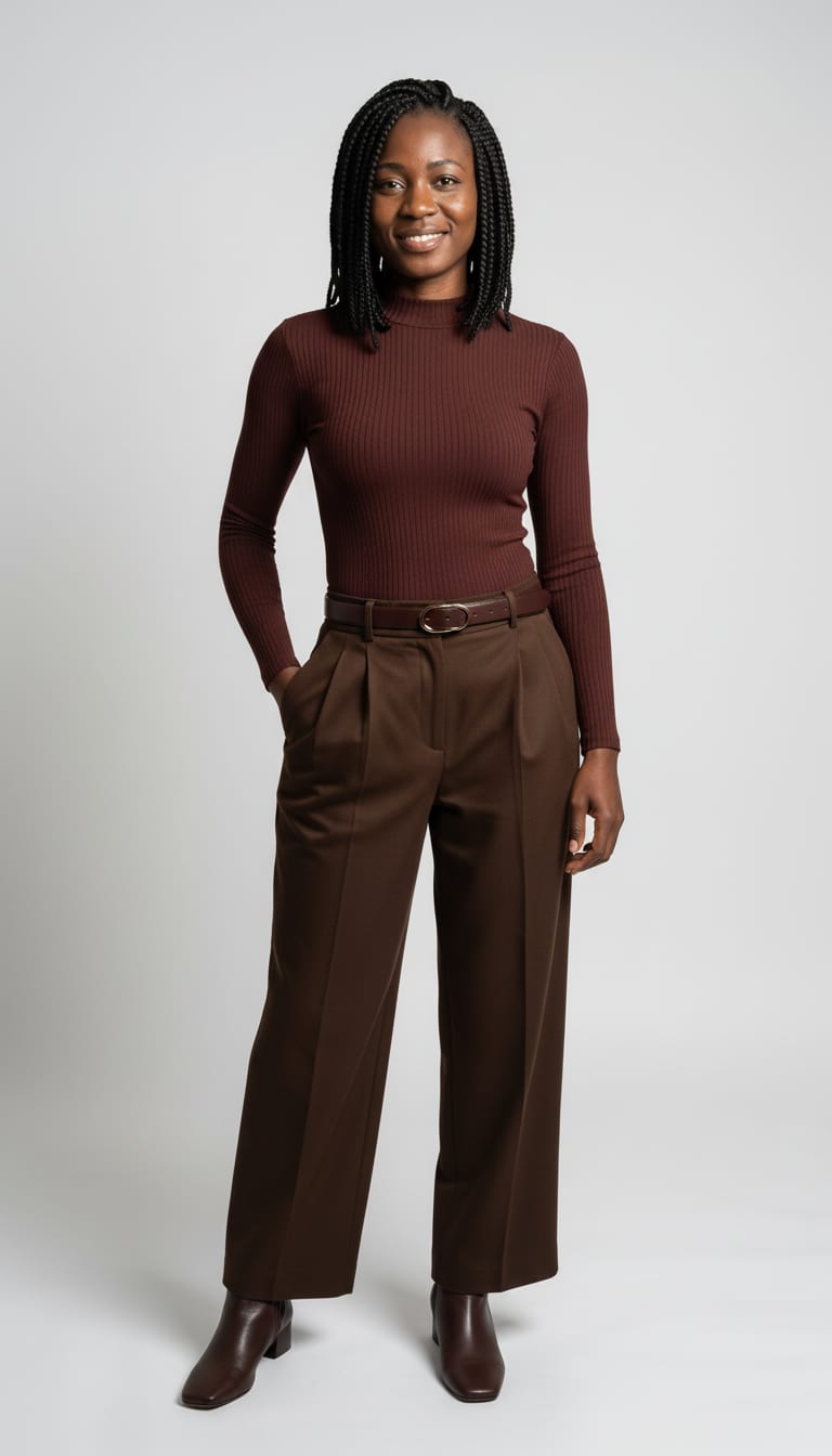 A woman wearing a dark mahogany fine-ribbed mock-neck knit bodysuit, chocolate brown double-pleated wide-leg wool-blend trousers, rich dark brown smooth leather waist belt and dark chocolate brown smooth leather ankle boots — a chocolate monochrome outfit.