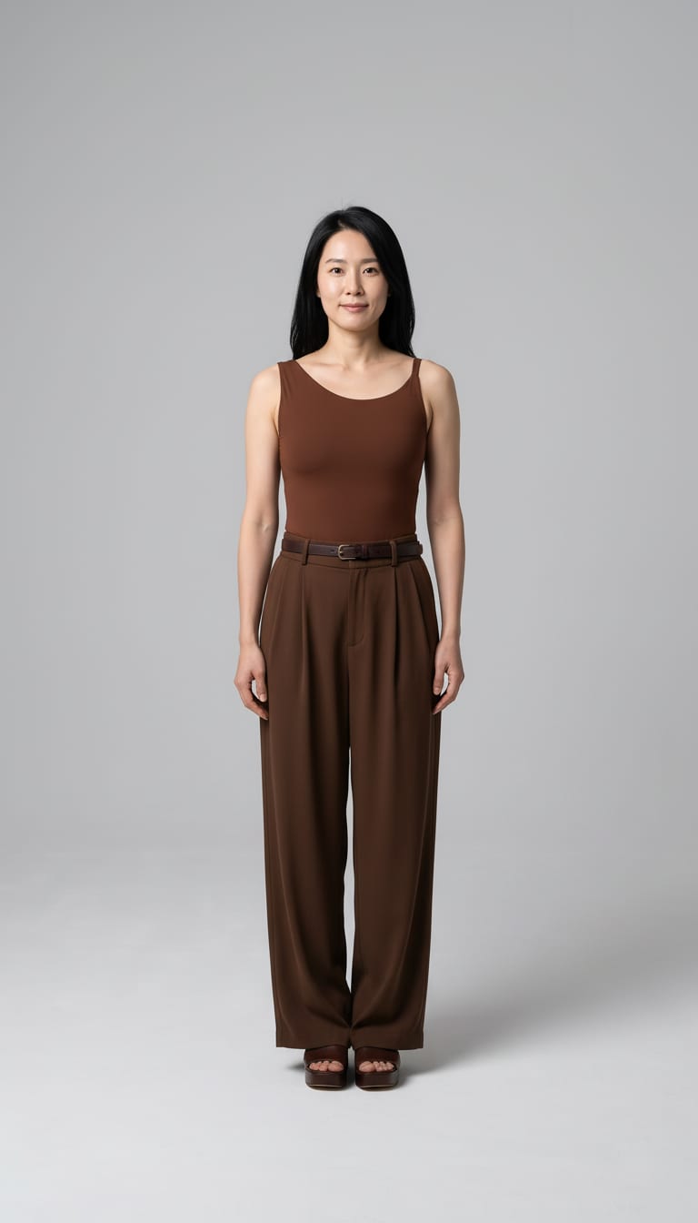 A woman wearing a bittersweet dark brown double-layered stretch jersey bodysuit, high-waisted chocolate brown fluid crepe trousers, dark chocolate smooth leather waist belt and dark brown leather open-toe platform sandals — a chocolate monochrome outfit.