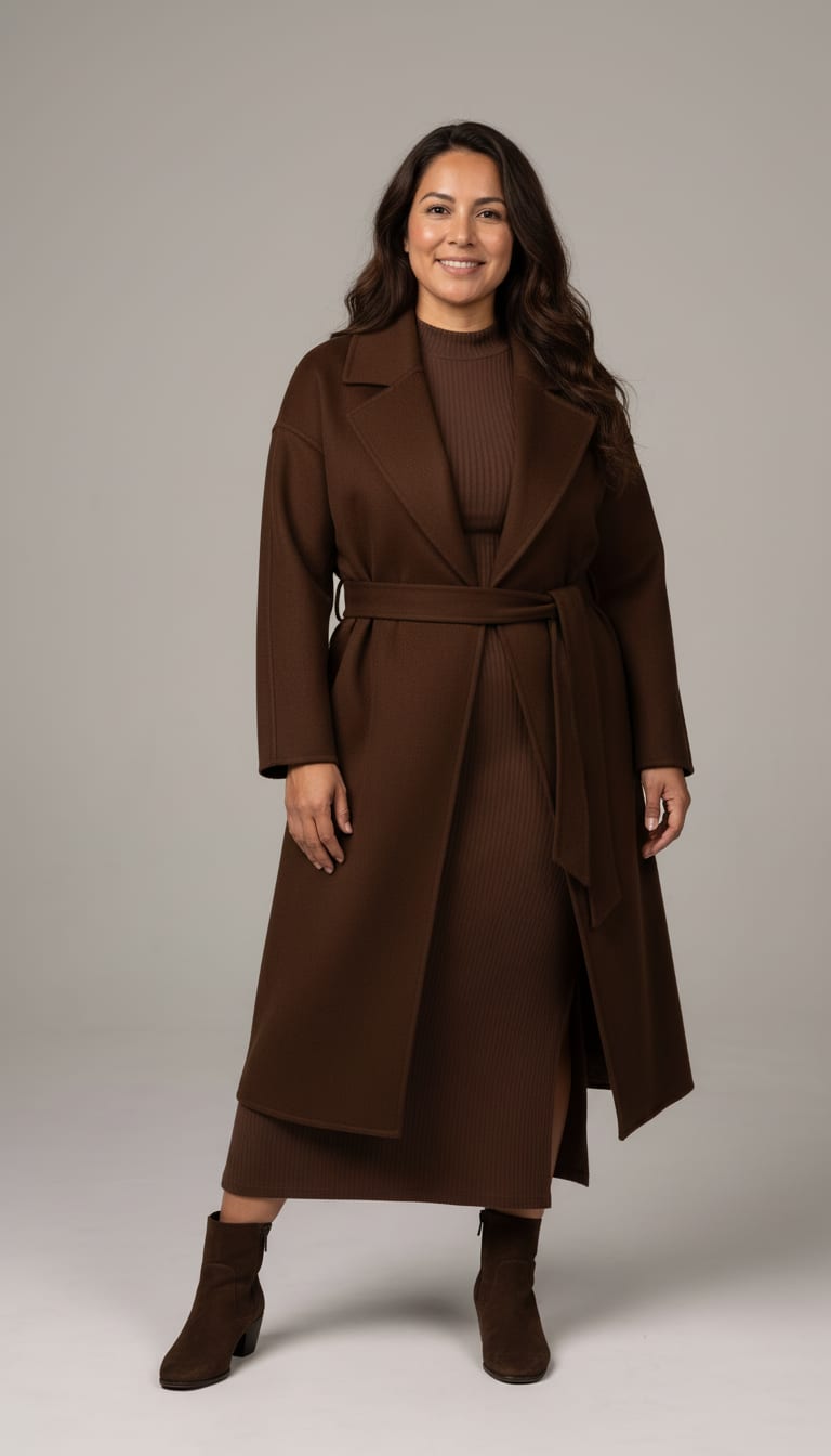 A woman wearing a relaxed wrap coat in heavyweight double-faced chocolate brown wool, long-sleeve column midi dress in dark chocolate ribbed-knit modal and ankle boots in dark brown suede — a chocolate monochrome outfit.