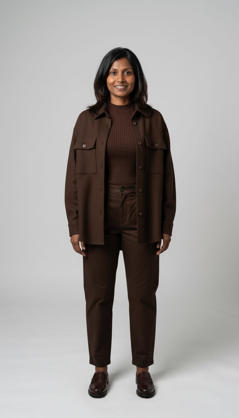 A woman wearing a deep coffee brown ribbed knit mock-neck sleeveless top, relaxed deep umber brown wool-blend utility overshirt, deep chocolate brown cotton-twill barrel-leg trousers and dark chocolate brown polished leather penny loafers set on an understated lug sole — a chocolate monochrome outfit.