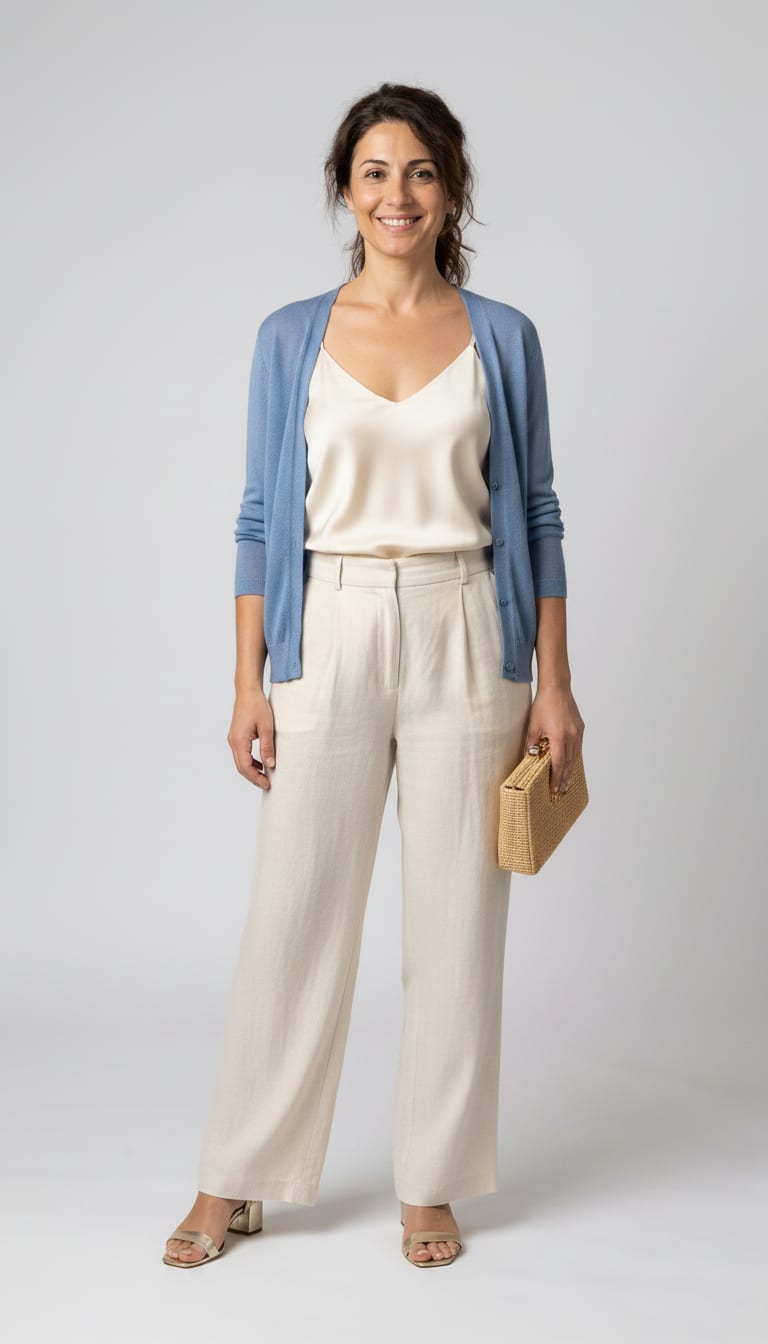 A model wearing a coastal grandmother outfit.