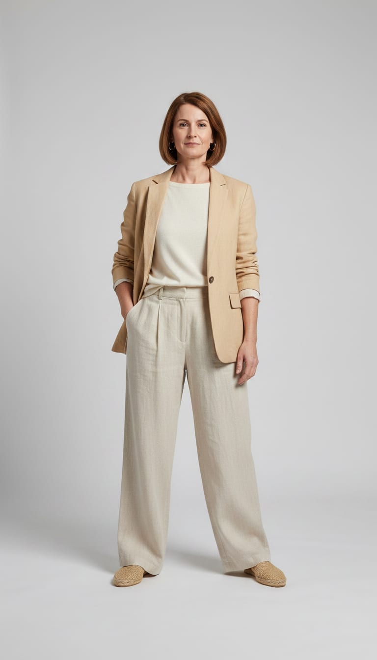 A woman wearing a high-waisted wide-leg trousers in a flowing creamy beige linen blend, relaxed fit fine-gauge knit top in soft cream cotton-cashmere blend, softly structured blazer in a natural sand-colored linen-viscose blend and flat espadrille mules — a coastal grandmother outfit.