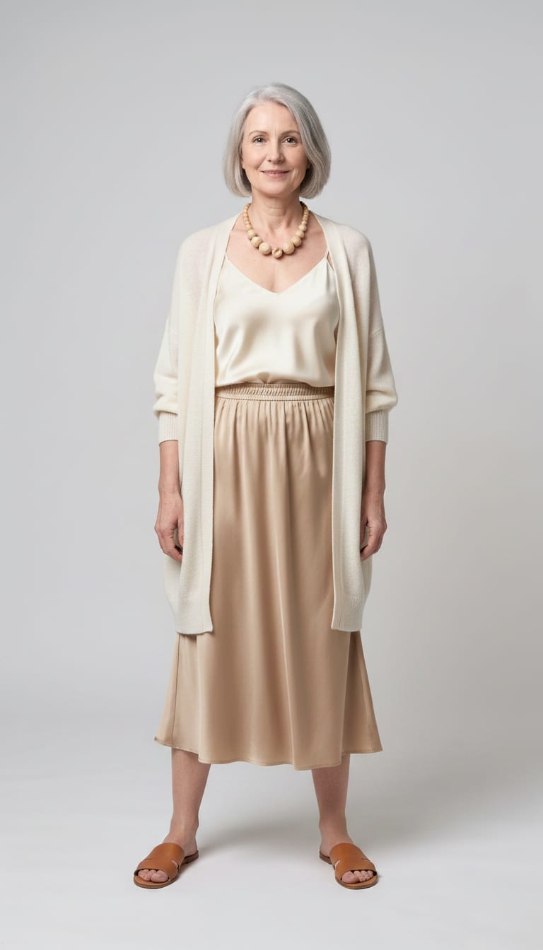 A woman wearing an ivory silk-blend camisole, relaxed fit sandy beige satin bias-cut midi skirt, oversized open-front knit cardigan in soft ivory cashmere blend and flat leather slide sandals in natural tan — a coastal grandmother outfit.