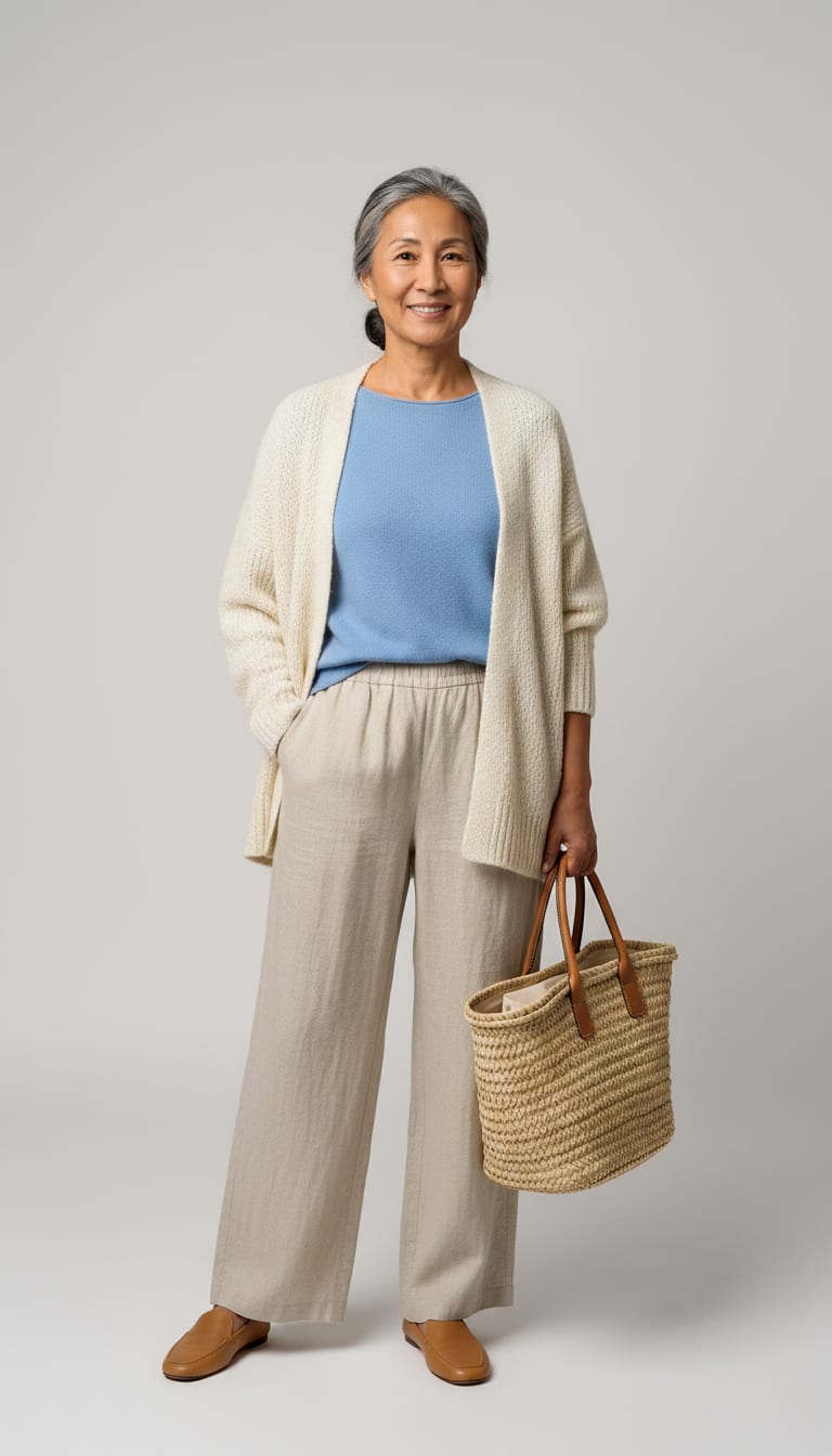 A woman wearing a high-waisted wide-leg linen trousers in an oatmeal shade, soft cotton-cashmere blend knit sweater in sky blue, oversized open-front cardigan in cream and slip-on loafer flats in tan leather — a coastal grandmother outfit.