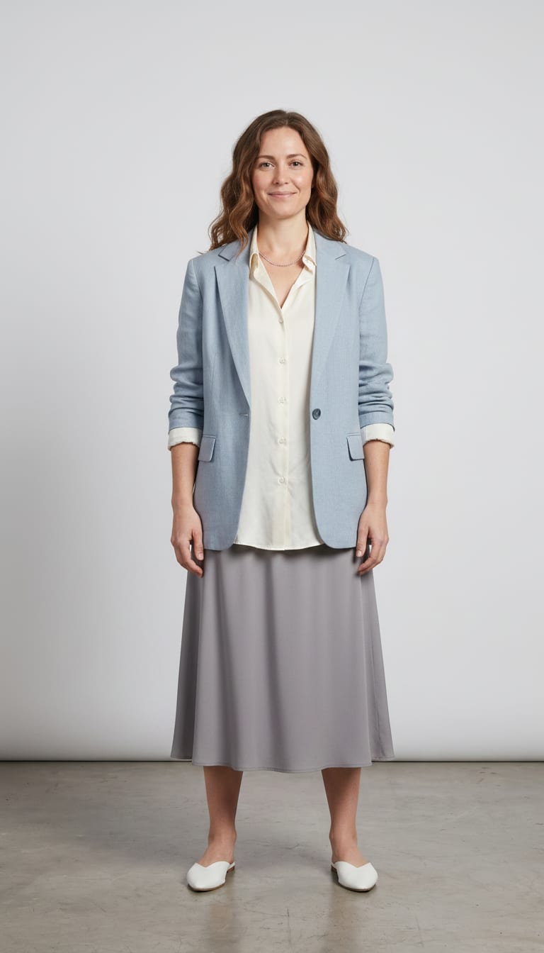 A woman wearing a cream silk-blend button-down shirt, soft grey tailored A-line midi skirt, light blue relaxed linen blend blazer and white leather pointed-toe flats — a coastal grandmother outfit.