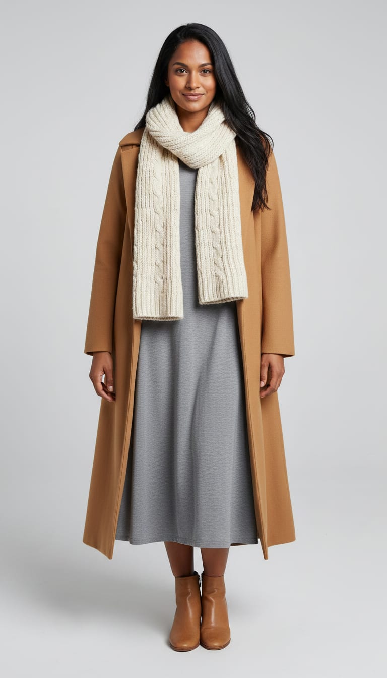A woman wearing a long, soft stone gray jersey knit midi dress, low block heel leather ankle boots in a natural tan and chunky knit scarf in cream — a coastal grandmother outfit.