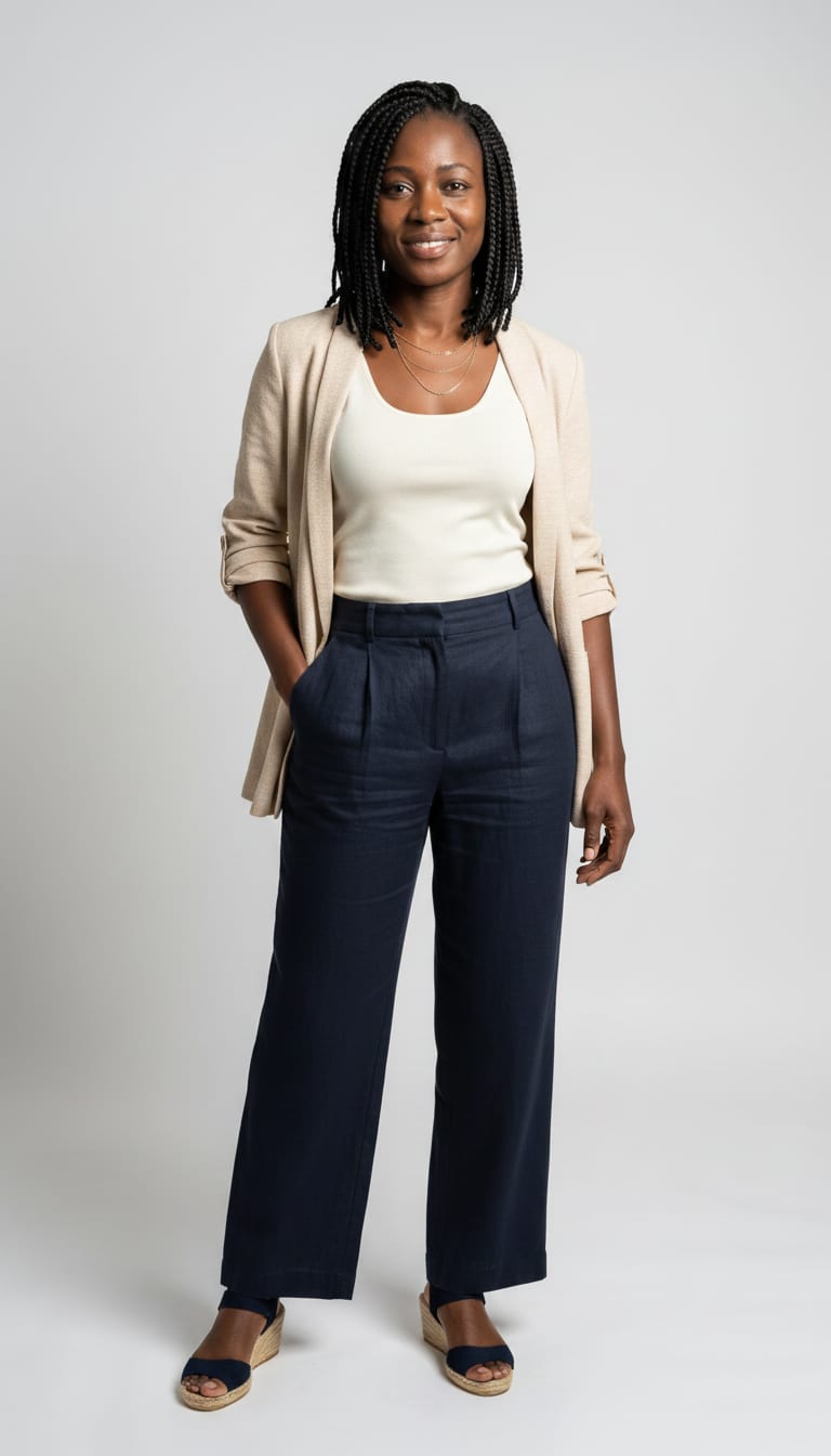 A woman wearing a high-waisted, fine-gauge knit sleeveless shell top in creamy ivory, lightweight and espadrille wedge sandals — a coastal grandmother outfit.