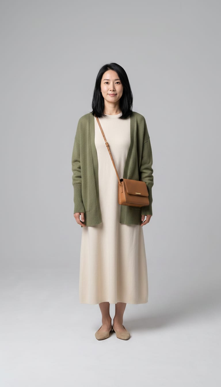 A woman wearing a cream fine-gauge knit midi dress, soft olive green cashmere blend oversized cardigan, beige suede pointed-toe flats and structured light brown leather cross-body bag — a coastal grandmother outfit.