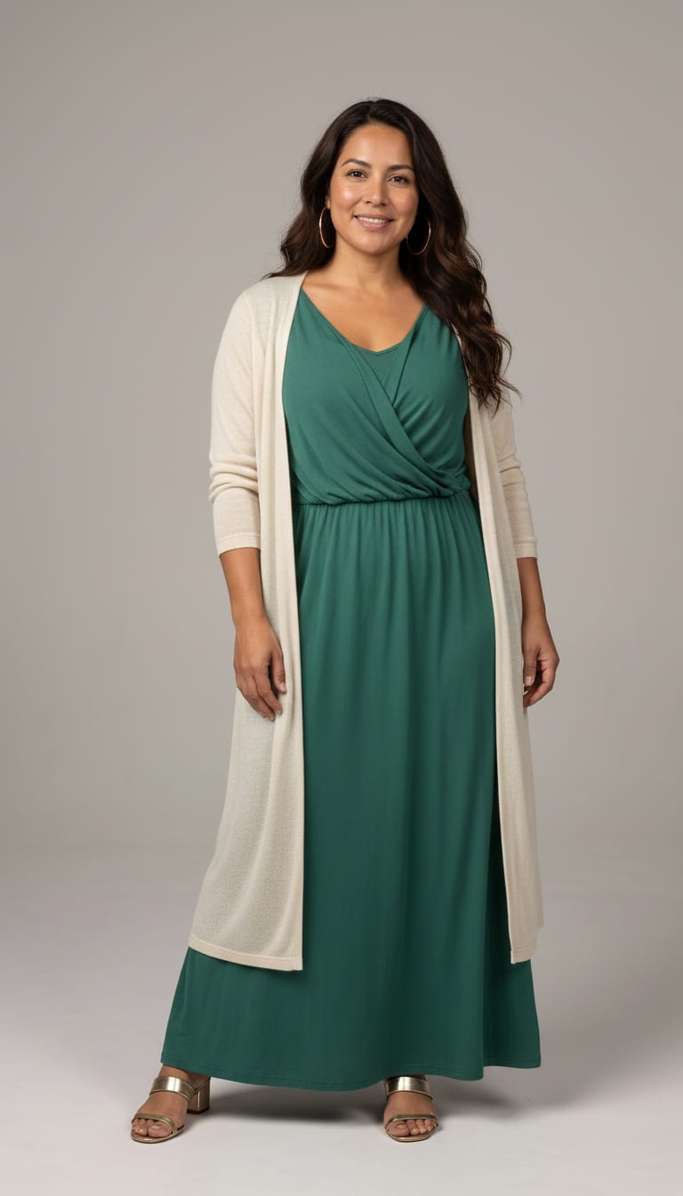 A woman wearing a draped V-neck knit maxi dress in a soft emerald green, lightweight, low block-heel sandals in metallic gold leather and delicate gold-plated hoop earrings — a coastal grandmother outfit.