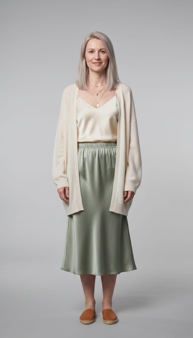 A woman wearing a relaxed fit satin midi skirt in a soft sage green, cream silk-blend camisole, oversized open-front cashmere cardigan in a creamy off-white and flat leather slip-on espadrilles in a natural tan — a coastal grandmother outfit.