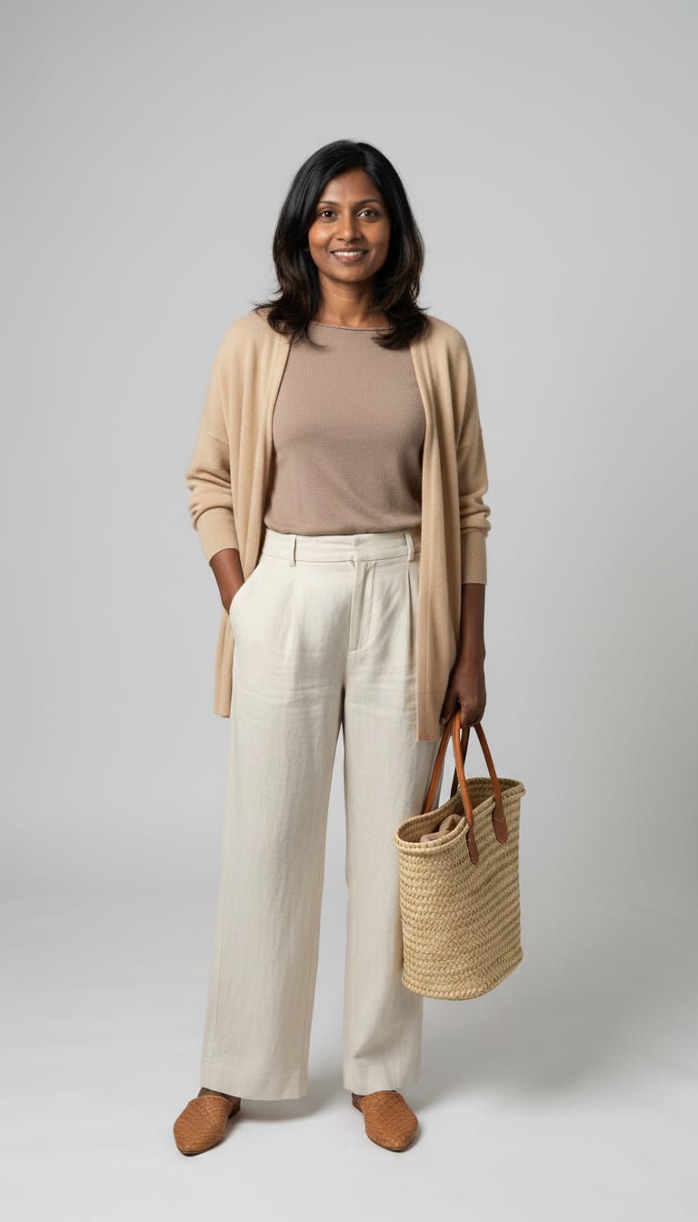 A woman wearing a high-waisted, soft taupe fine-gauge knit boat neck top, oversized sand-colored cashmere blend cardigan and flat natural woven leather mules — a coastal grandmother outfit.