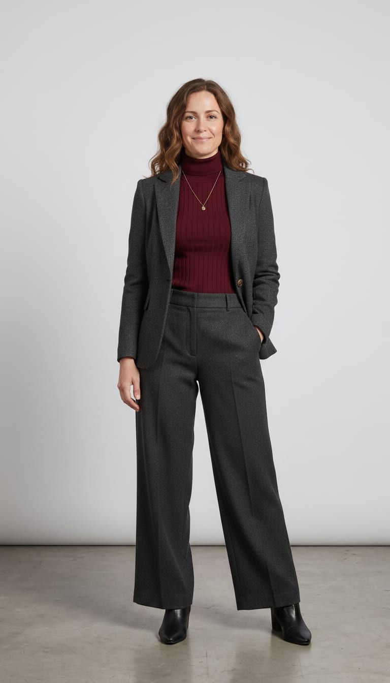 A model wearing a dark academia outfit.