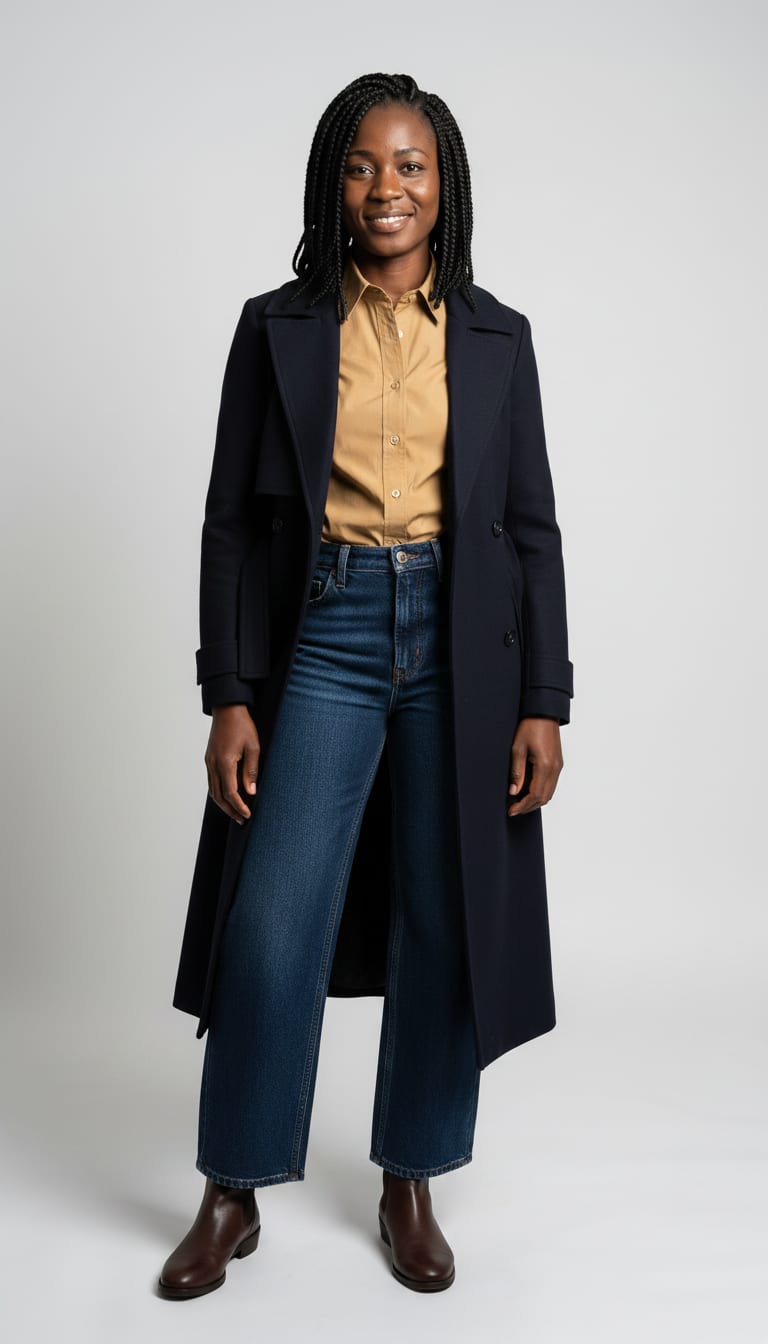 A woman wearing a crisp tan cotton poplin button-down shirt, dark wash indigo wide-leg denim jeans, deep navy wool blend longline trench coat and dark brown polished leather Chelsea boots — a dark academia outfit.