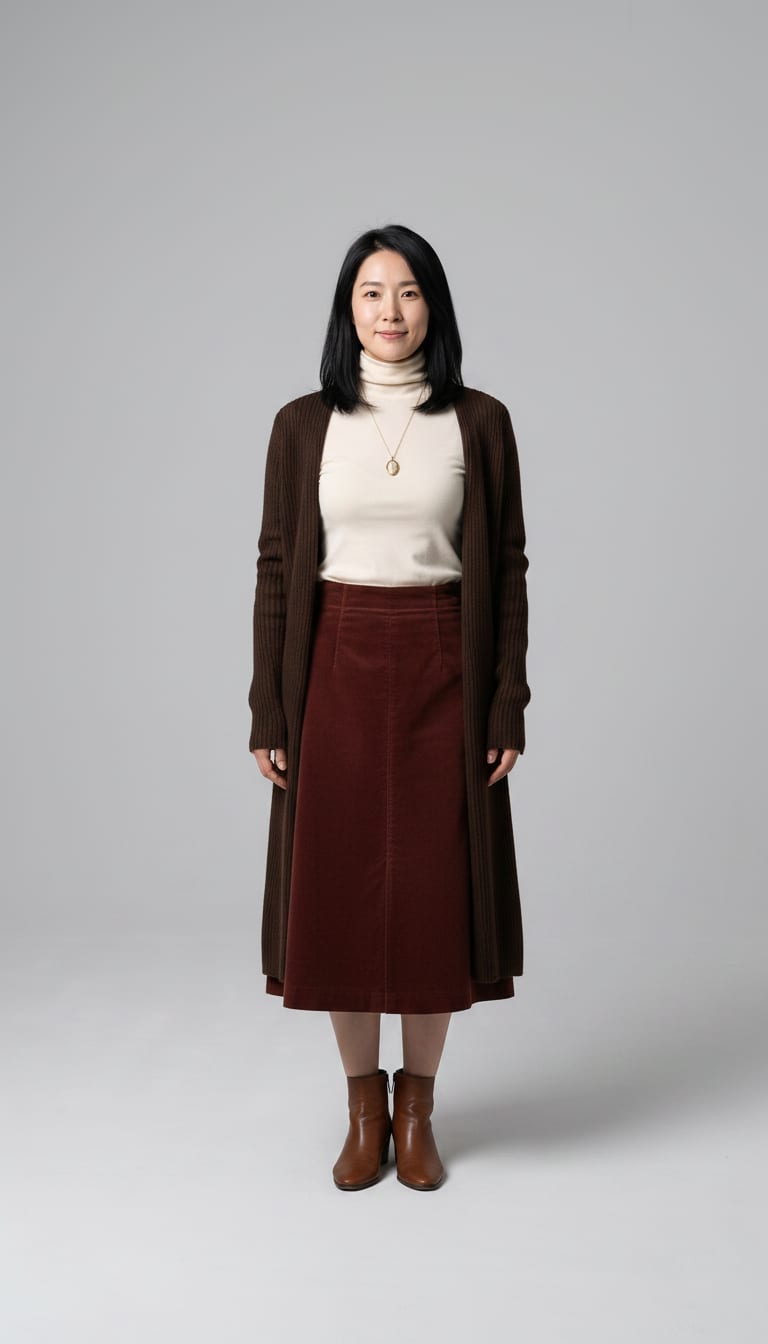 A woman wearing a fine-gauge merino wool turtleneck sweater, high-waisted A-line midi skirt in textured oxblood corduroy, longline open-front cardigan in a dark chocolate brown ribbed knit and brown leather pointed-toe ankle boots — a dark academia outfit.
