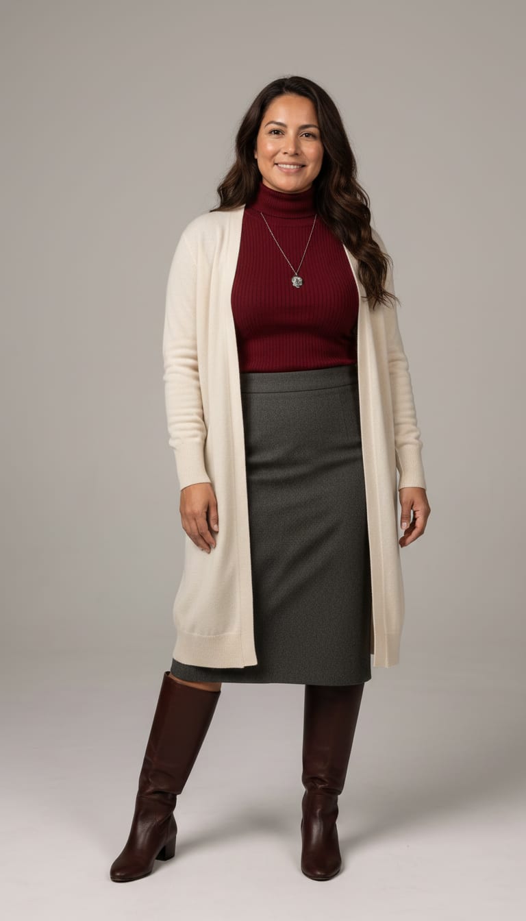 A woman wearing a fine-gauge ribbed turtleneck sweater in a deep oxblood red, high-waisted midi pencil skirt in charcoal grey tailored wool, longline open-front cardigan in a soft cream cashmere blend and dark brown smooth leather knee-high boots — a dark academia outfit.