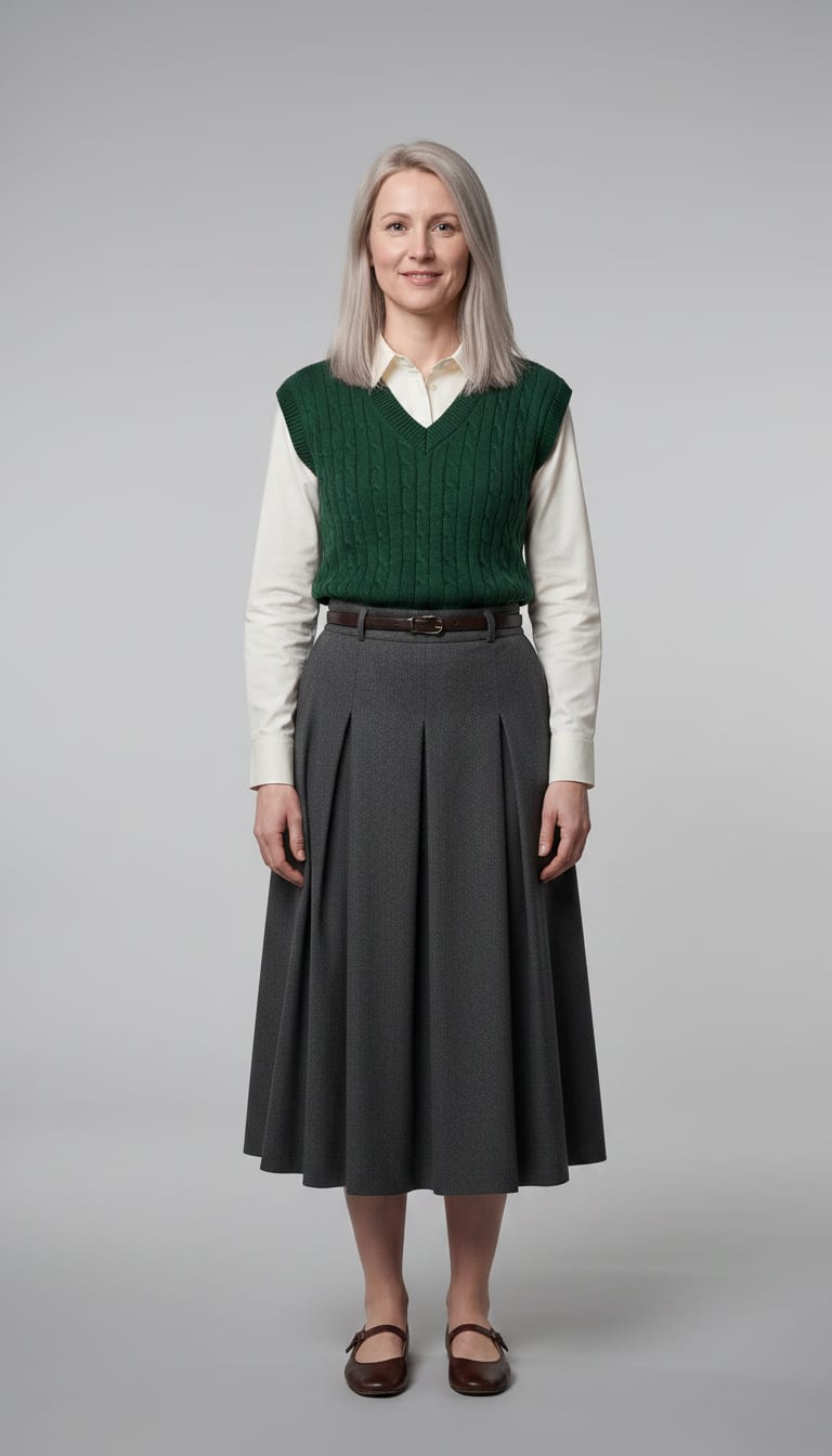 A woman wearing a crisp cream cotton button-down shirt, fitted V-neck cable knit sweater vest in a rich forest green, polished dark brown leather Mary Jane flats and thin dark brown leather belt — a dark academia outfit.