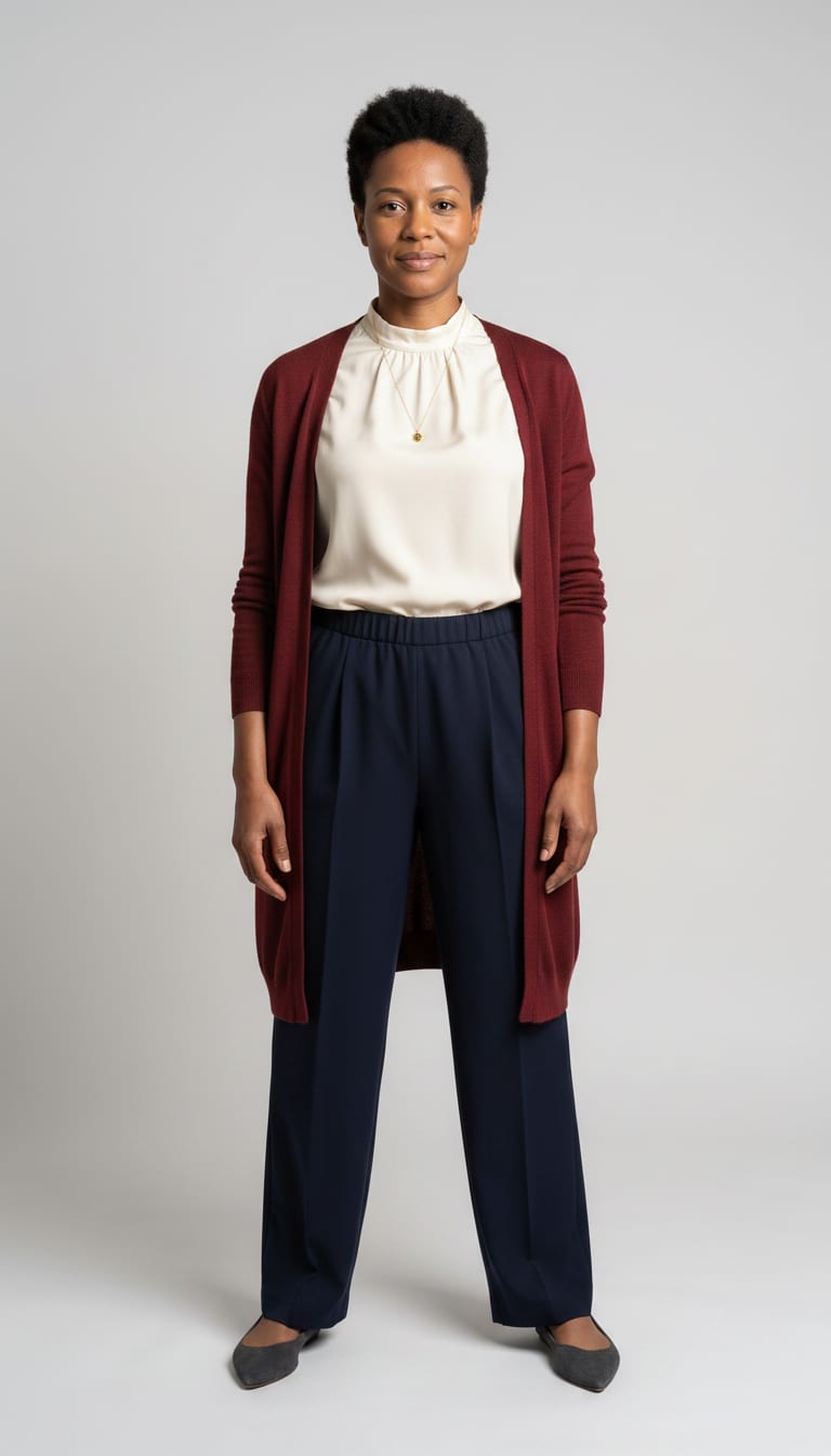 A woman wearing a cream silk-blend high-neck blouse, fluid navy wool-blend wide-leg trousers, longline oxblood fine-gauge knit cardigan and pointed-toe charcoal suede flats — a dark academia outfit.
