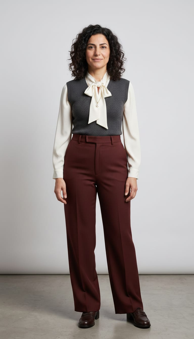 A woman wearing an oxblood wool blend high-waisted wide-leg tailored trousers, ivory silk crêpe de chine long-sleeve pussy-bow blouse, charcoal grey fine-gauge merino wool V-neck knit vest and dark brown polished leather block heel loafers — a dark academia outfit.
