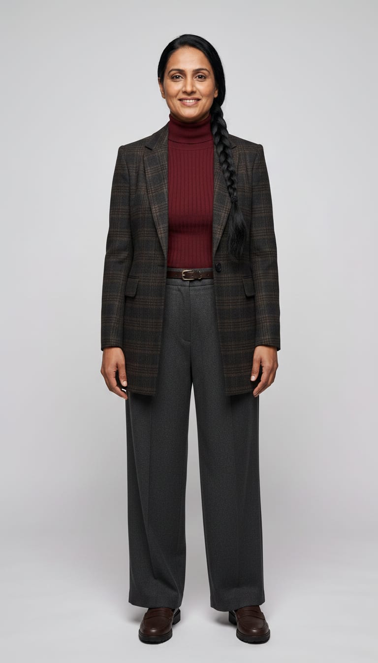 A woman wearing a fitted ribbed-knit turtleneck sweater in deep oxblood, high-waisted wide-leg pleated wool blend trousers in charcoal grey, single-breasted longline wool blazer in a charcoal and dark brown subtle plaid pattern and dark brown leather loafers — a dark academia outfit.